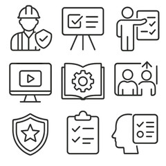 Training Icons Collection. Line style icons of training and education: safety training icon, compliance workshop board, trainer