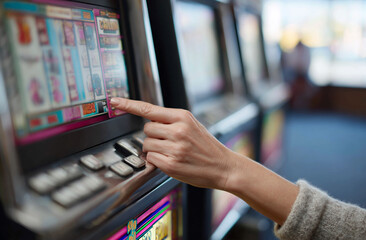 Woman’s hand pressing "Spin" button on modern digital slot machine, vibrant screen colors.
