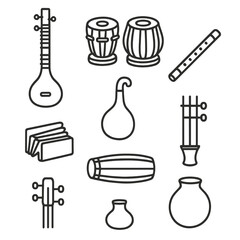 Instrument Anatomy Icons. Line style icons of instrument anatomy: sitar body diagram, tabla parts layout, bansuri holes and ends,