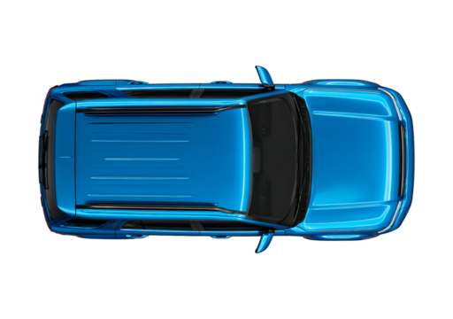 Aerial view of a blue suv car on transparent background, PNG
