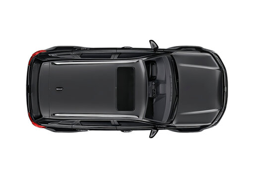Top view of a modern black suv with a sunroof on transparent background, PNG