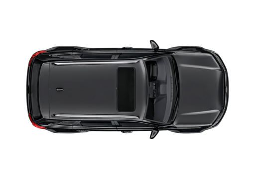 Top view of a modern black suv with a sunroof on transparent background, PNG