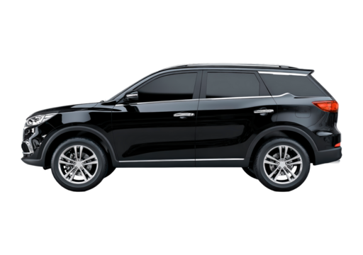 Sleek black suv side view on transparent background, PNG