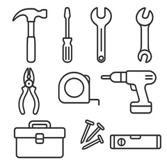 Home Tool Icons. Line style icons of Home Maintenance Tools: hammer, screwdriver, wrench, pliers, tape measure, drill, toolbox,