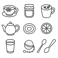 Relaxation Drink Icons. Line style icons of Relaxation Drinks: chamomile tea cup, honey jar, lavender latte mug, warm milk glass,