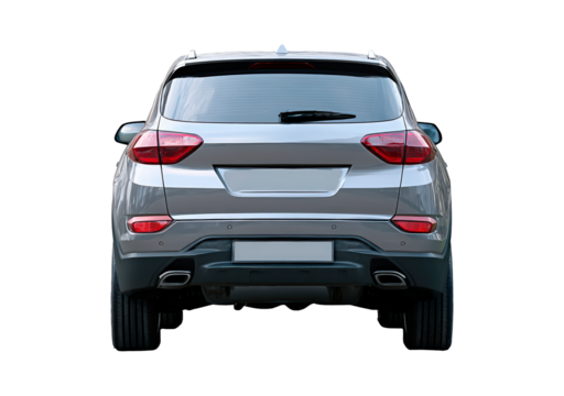 Modern silver suv car rear view on transparent background, PNG