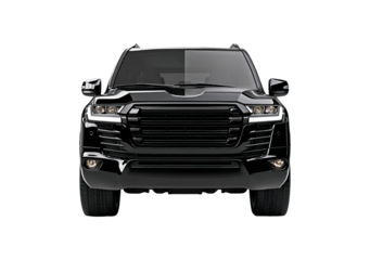 Luxurious black suv front view on transparent background, PNG