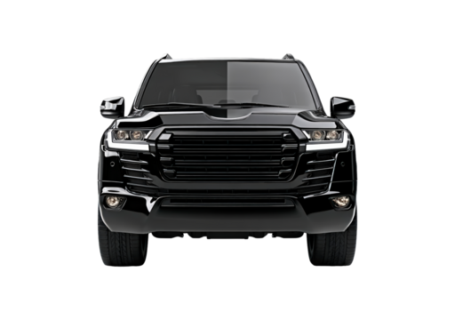 Luxurious black suv front view on transparent background, PNG