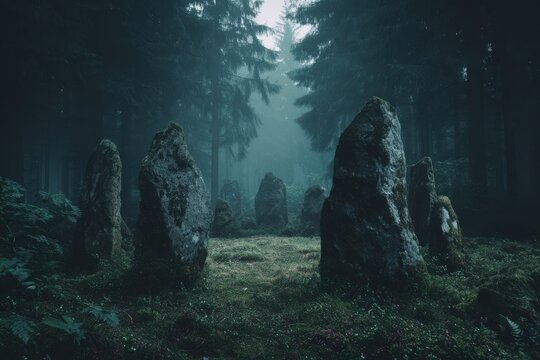 Sinister dark forest clearing with ancient stone circle faintly glowing.