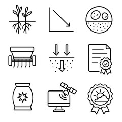 Carbon Sequestration Icons. Outline style icons of Carbon Sequestration Field: cover crop roots, carbon storage graph, soil