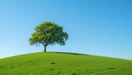 Obraz premium Lone Tree on Hill – Bright Green Grass and Clear Blue Sky in Serene Minimalist Natural Landscape