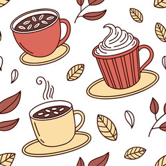 Illustration of a seamless pattern with coffee cups and leaves on a white background design style art