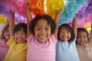 Smiling Children Celebrating with Festive Decorations. Joyful multicultural group with colorful crepe paper. Playful and bright childhood memories.