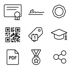 Certificate Icons Set. Outline style icons of Certificate Issuance Panel: certificate template, signature line, official seal, QR