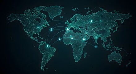 Illuminated World Map with Glowing Network Connections and Points of Interest Against Dark Background