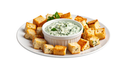 Creamy spinach artichoke dip served on a white plate surrounded by toasted bread cubes, perfect for appetizers and shared meals isolated on solid white background Png