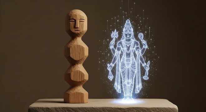 Wooden statue and glowing deity hologram, a blend of tradition and technology