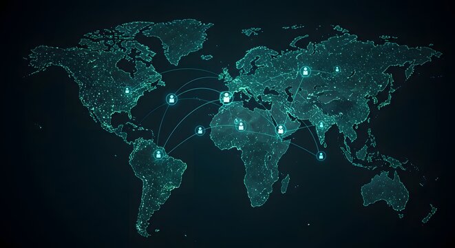 Illuminated World Map with Glowing Network Connections and Points of Interest Against Dark Background