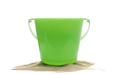 Plastic fluorescent green bucket, beach toy for kids in sand, isolated on white background, side view