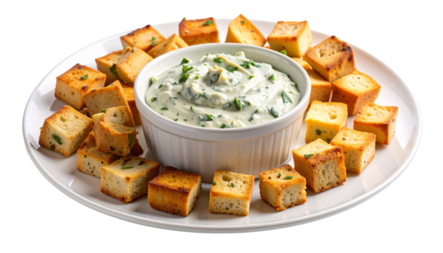 Creamy spinach artichoke dip served on a white plate surrounded by toasted bread cubes, perfect for appetizers and shared meals isolated on solid white background