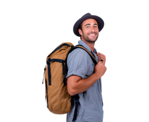 Happy traveler with backpack and hat for adventure and travel themes on transparent background, PNG