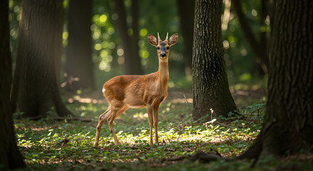 Fototapeta premium A deer stands among trees in a sunlit forest clearing.