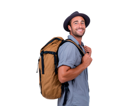 Happy traveler with backpack and hat for adventure and travel themes on transparent background, PNG