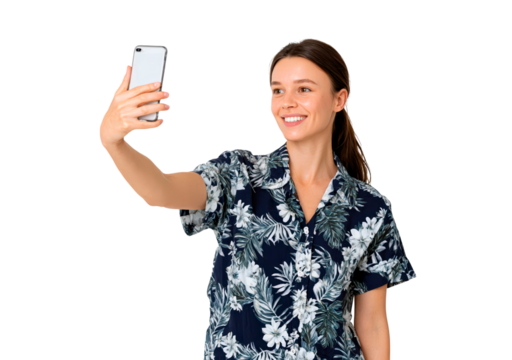 Happy woman taking selfie in floral shirtfor social media enthusiasts on transparent background, PNG