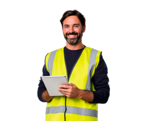 Smiling construction worker holding tablet in high visibility vest for tech integration on transparent background, PNG
