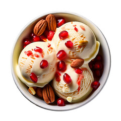 Fototapeta premium Delightful vanilla ice cream with ruby pomegranate seeds and crunchy almonds in a white bowl png