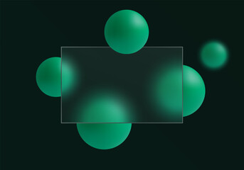 Dark glass morphism panel with green spheres on black background.