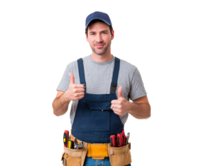 Confident male carpenter in uniform with tools giving thumbs up gesture on transparent background, PNG