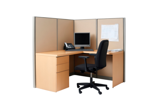 Modern office cubicle workspace with desk chair, computer, and office supplies on transparent background, PNG