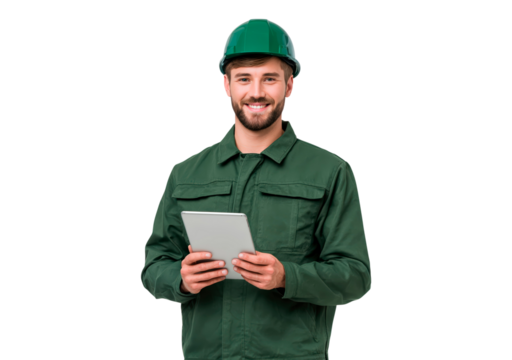 Smiling engineer in green uniform holding tablet for construction project on transparent background, PNG