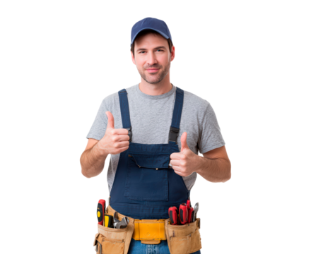 Confident male carpenter in uniform with tools giving thumbs up gesture on transparent background, PNG