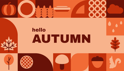 Autumn geometric background. Abstract fall or thanksgiving template for season sale card. Simple pie, pumpkin and oak leaf mosaic for ad or promotion. Decorative geometry ornament for banner or cover.