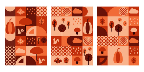 Geometric autumn poster for Thanksgiving with abstract pattern. Happy season sale background with pie, pumpkin, vegetable and rain mosaic. Modern decorative flyer or catalog cover design with wheat.