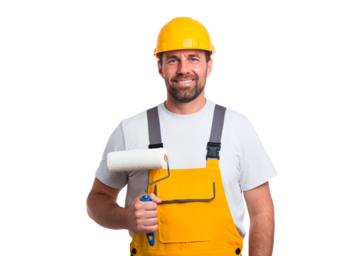 Smiling construction worker holding a paint roller for renovation projects on transparent background, PNG