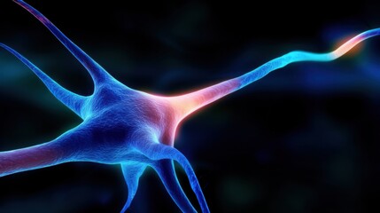 Spiking Neural Network Concepts. A detailed 3D visualization of a glowing neuron, with dendrites and axon highlighted in vibrant blue and red against a dark background.