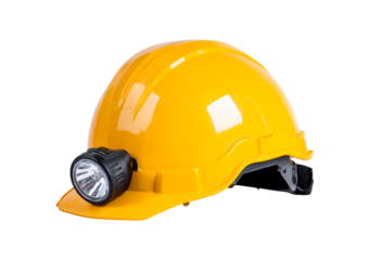 Safety helmet with headlamp for construction and mining applications on transparent background, PNG