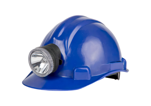 Safety helmet with headlamp for construction and mining work on transparent background, PNG