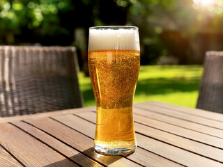 Tall glass of golden lager beer on a table in a pub garden backlit by evening sunlight. No people.