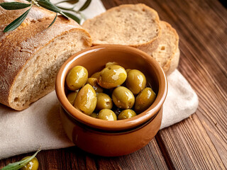 Bowl of pitted olives alongside a load and slices of fresh crusty bread. No people.
