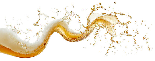 Splashing beer wave with foam and drops, isolated on transparent cutout background
