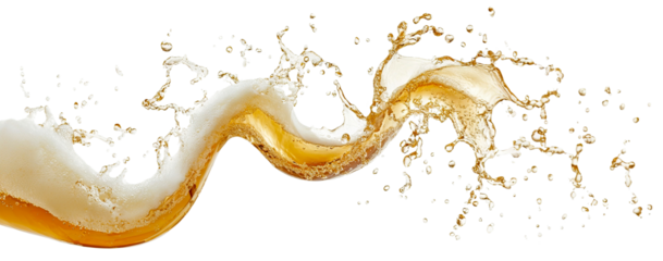 Splashing beer wave with foam and drops, isolated on transparent cutout background