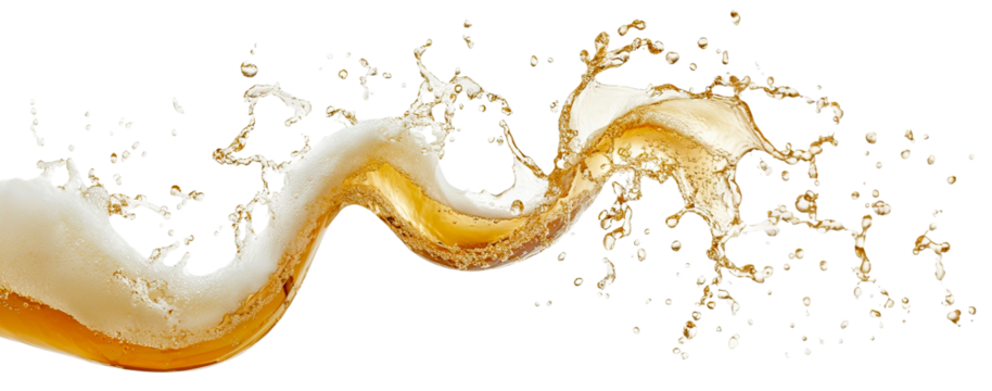 Splashing beer wave with foam and drops, isolated on transparent cutout background
