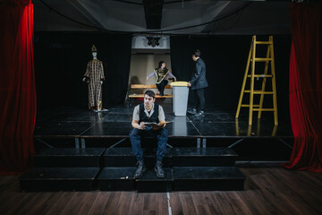 A team of young performers practicing on a theatre stage surrounded by costumes, props, and...