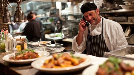 Chef ringing a call bell in a busy kitchen, with plates of food ready for pick-up and the hustle of the restaurant kitchen in full swing.