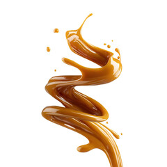 Smooth caramel swirl with drops in motion, isolated on transparent cutout background