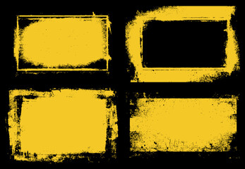 A versatile set of four high-contrast vector grunge frames. This collection offers varied distressed styles in yellow and black, including a bold inverted version for maximum design impact.